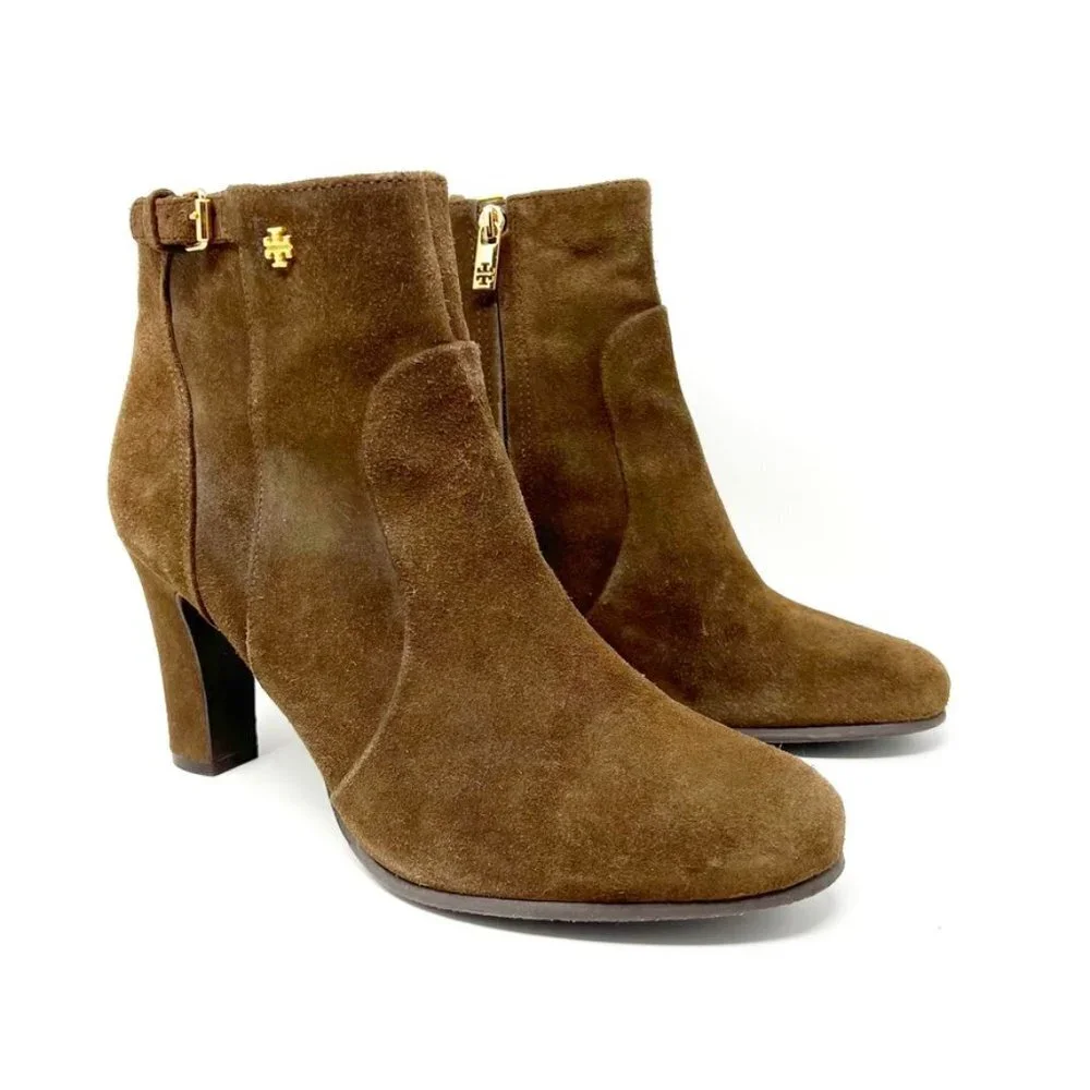 Tory Burch Boots Women's Size 11 Lan Gray Brown Milan Suede Heeled Buckle Bootie